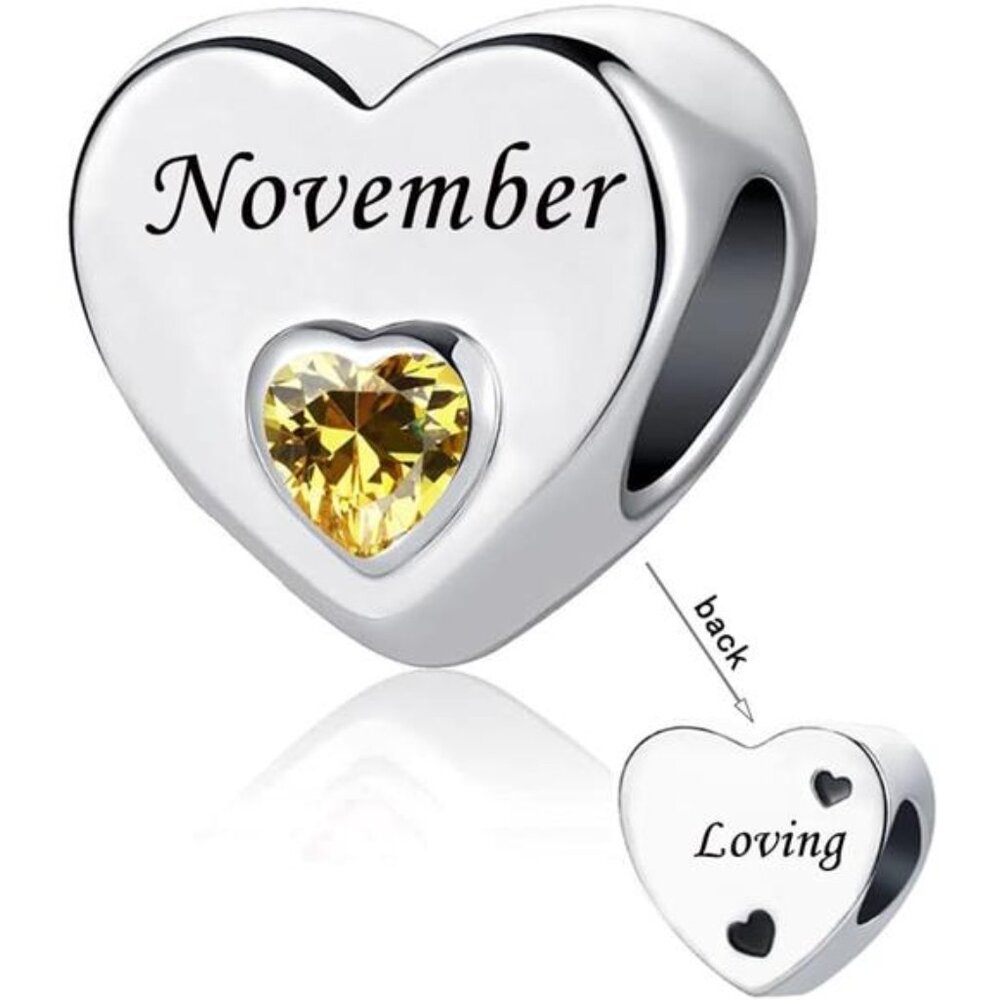 Birthstone Charm Bracelet Necklace November Topaz Crystal Heart Jewelry Gift